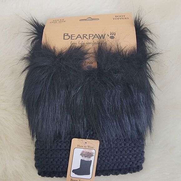 Bearpaw Textured Knit Boot Topper with Faux Fur One Size Cable Knit Black Winter - Picture 1 of 2